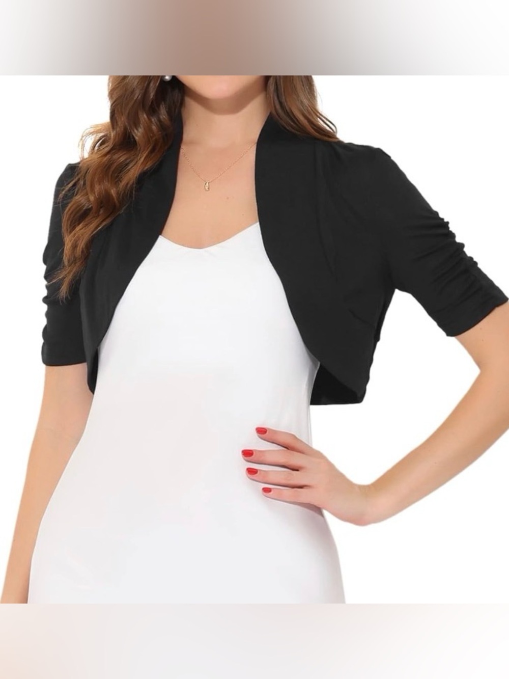 Allegra K Short Sleeve Shrugs Ruched Sleeve Open Front Cropped Bolero Cardigan S